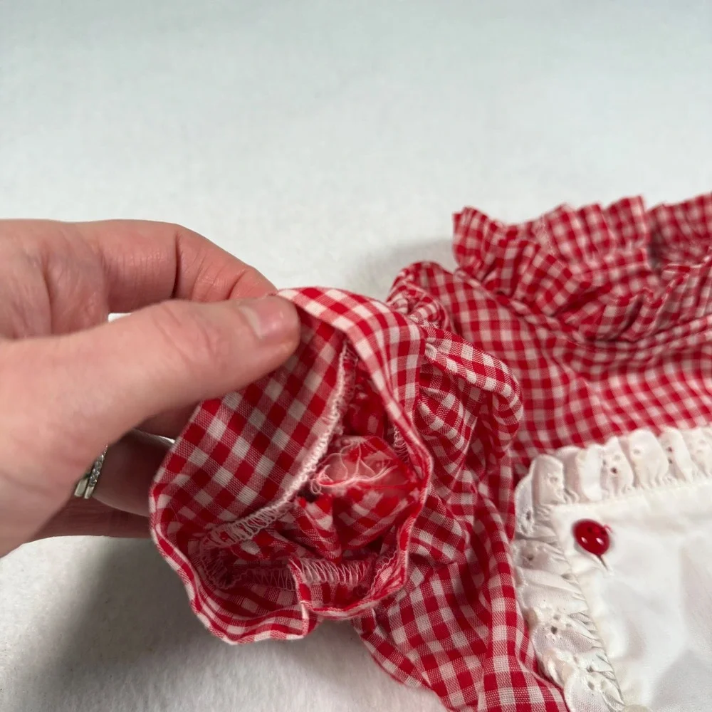 Vintage Sakowitz Girls Red Gingham Apron Dress I Love You This Much 4T Eyelet